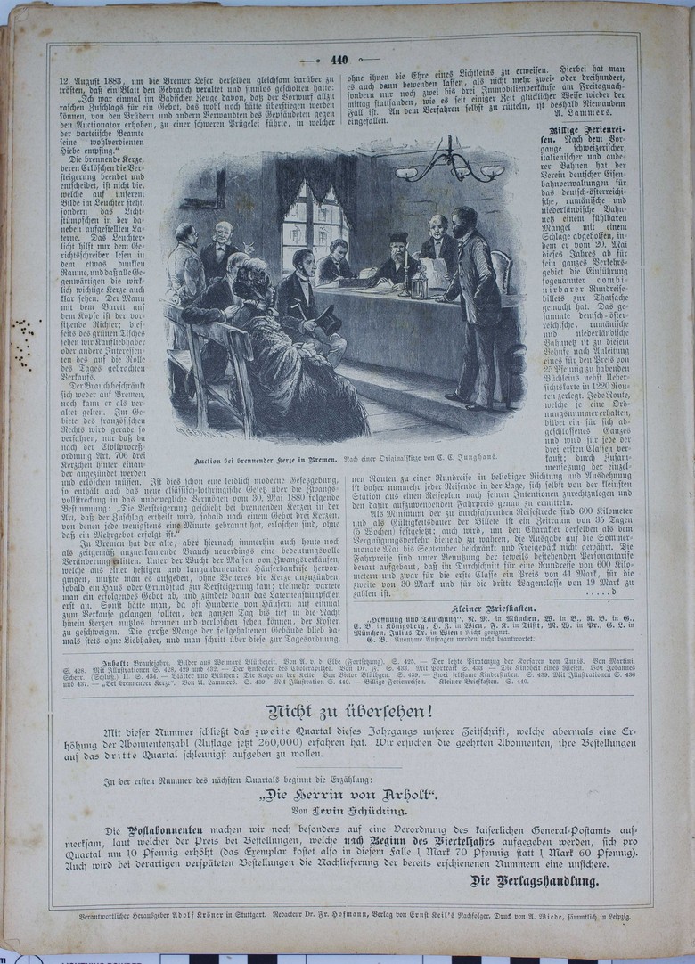 Die Seite der „Gartenlaube“ mit dem Bild „Auction bei brennender Kerze in Bremen“ von C. C. Junghans. Quelle: Die Gartenlaube (1884), Heft 26, S. 440.