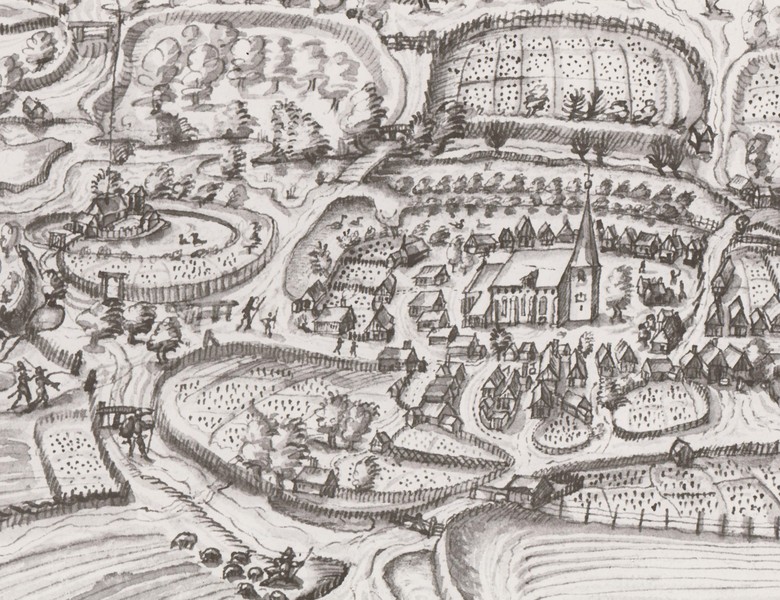 Das Dorf Südlohn mit dem umgräfteten Pröbstinghof (links), um 1590 (LAV NRW, Abt. Münster, Kartensammung).