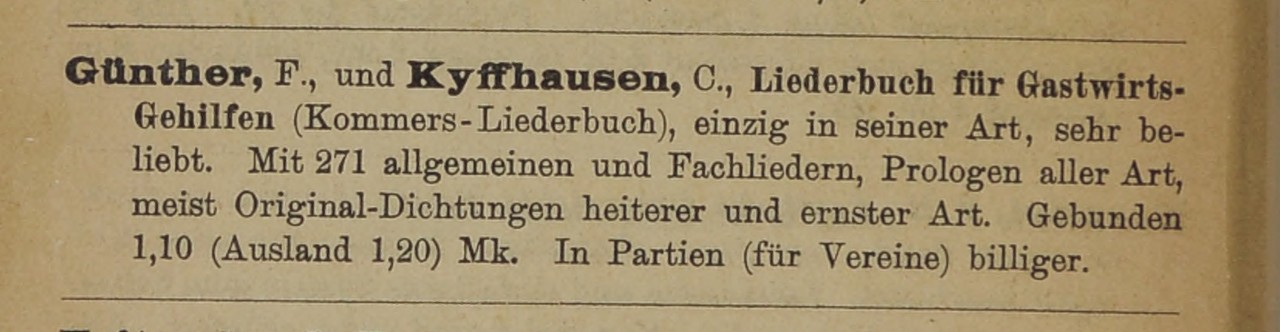 Verlagsanzeige aus: Blüher, Paul Martin: Blühers Rechtschreibung der Speisen und Getränke. Alphabetisches Fachlexikon. Französisch-Deutsch-English (und andere Sprachen) [...] Dictionnaire des Termes Culinaires. Dictionary of Culinary Terms. 2. Auflage, Leipzig 1899 (Blühers Sammel-Ausgabe von Gasthaus- und Küchen-Werken, Band 26, Hilfsbuch zum Meisterwerk der Speisen und Getränke).