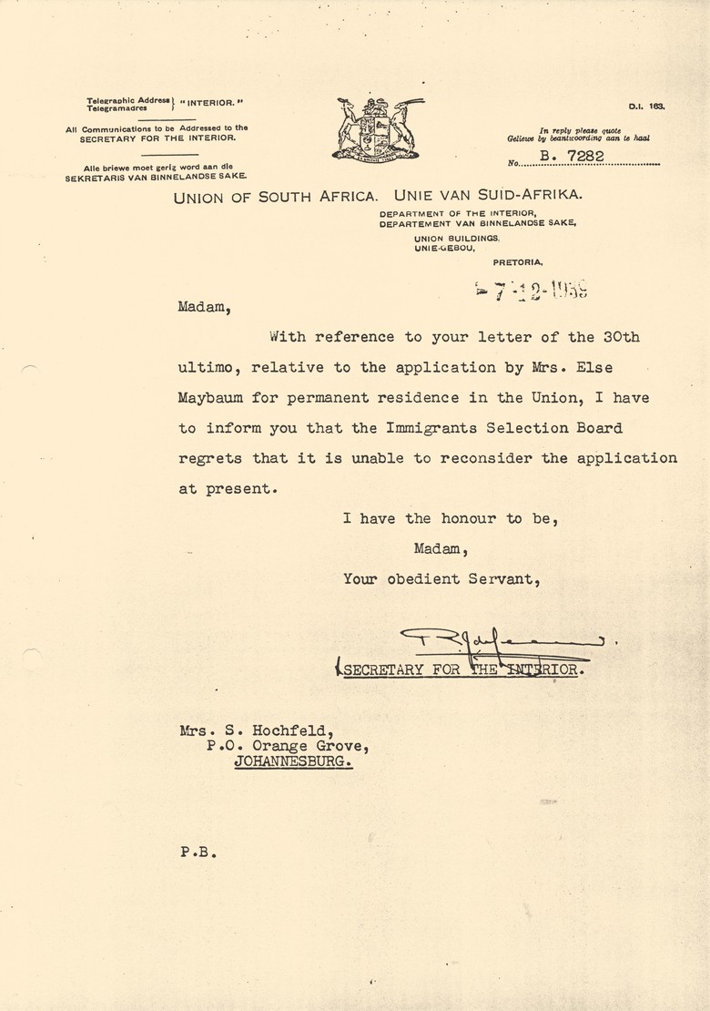 Union of South Africa: Ablehnung des Antrags auf Einwanderung, 07.12.1939 (Familienarchiv Hochfeld, Privatbesitz), Repro: Martin Emrich, Büro für Design, Lemgo.