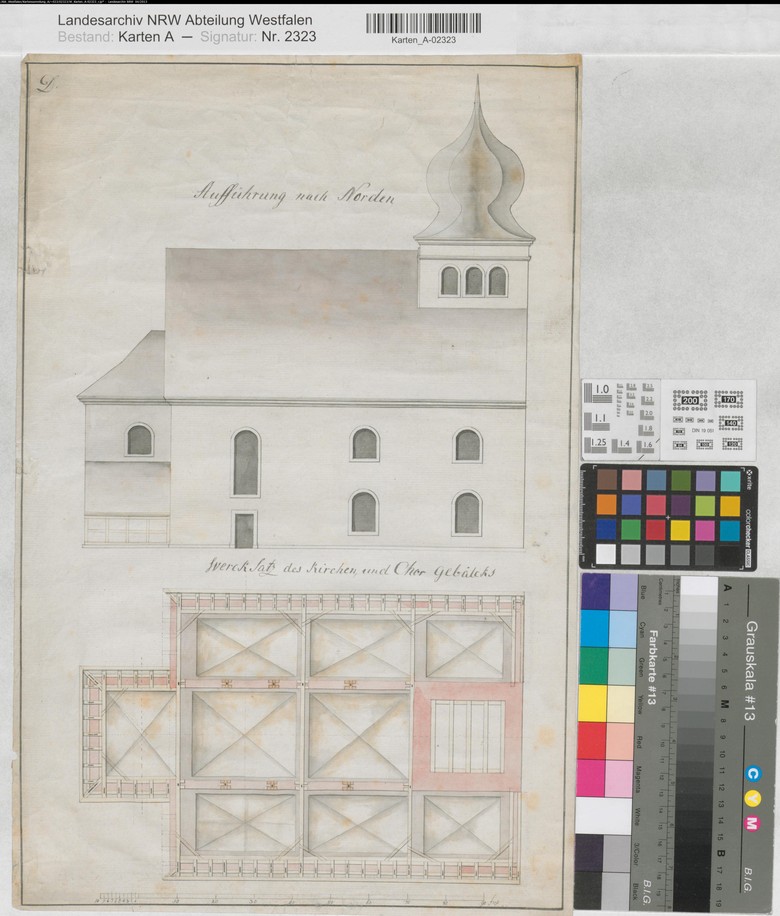 In seiner Landesbeschreibung beschäftigt sich August Karl Holsche unter anderem mit dem christlichen Glauben in der Grafschaft Tecklenburg – ein Thema, mit dem sich die preußischen Beamten auch in anderer Hinsicht befassten, etwa bei Fragen des Kirchenbaus. Hier sind Pläne zum Bau der Kirche in Lienen zu sehen, Landesarchiv Nordrhein-Westfalen, Abteilung Westfalen, W 051/Karten A (Allgemein), Nr. 2323.