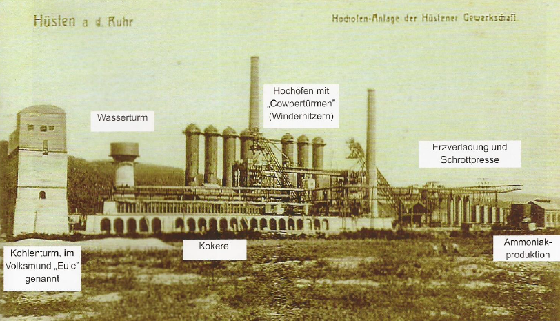 Hochofenanlage des Hüstener Hüttenwerkes um 1920. Vgl. Ahlborn, Reiner / Heimatbund Neheim-Hüsten e.V. (Hrsg.): Hüstener Hüttenwerk 1839-1966 (An Möhne, Röhr und Ruhr 29), Arnsberg 2003, S. 63.