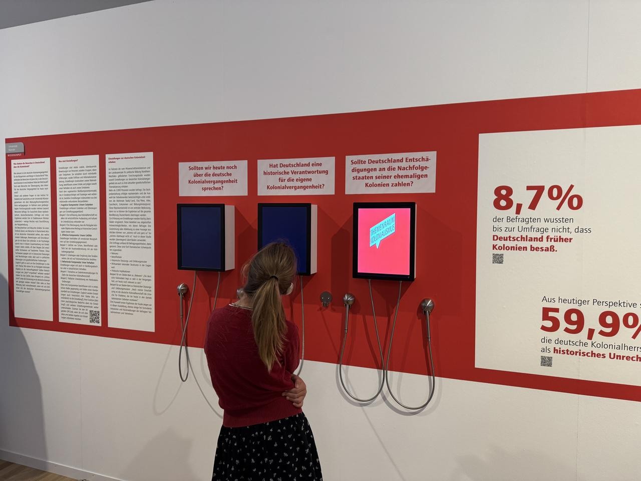 Das partizipative Angebot einer Abstimmung in Echtzeit und die Ergebnisse einer repräsentativen Umfrage geben im Themenraum Kolonialismus im Stadtmuseum Münster Anlass zum Austausch. (Foto: Cantauw)