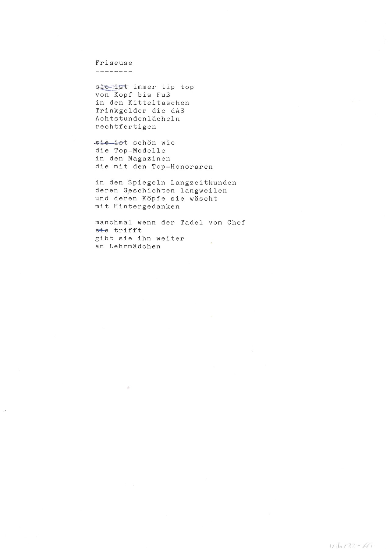 Typoskript des Gedichts: „Friseurin“ (Nachlassbestand FHI, Archivalie Kib 33-60, Bildrechte ebd.)