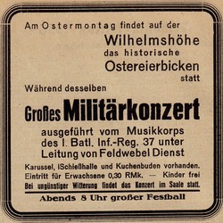Zeitungsanzeige Eierbicken auf der Wilhelmshöhe, Lingen 1915, Stadtarchiv Lingen. (vergrößerte Bildansicht wird geöffnet)
