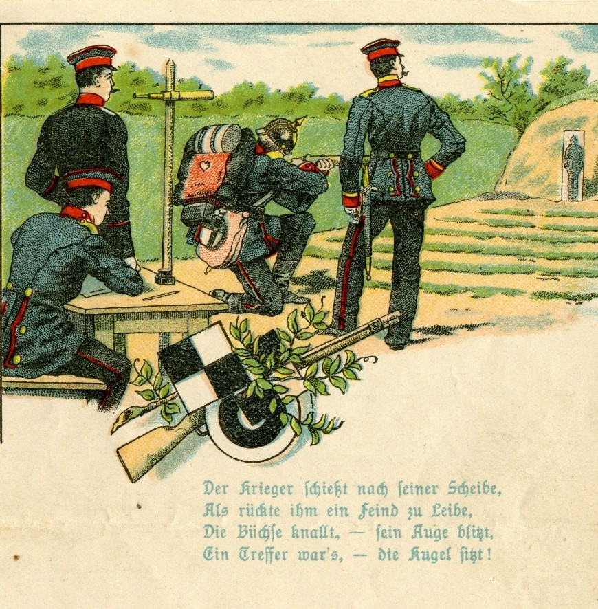 Die Zeichnung auf dem Briefkopf zeigt eine Schießübung der Wehrpflichtigen. Bernhard Lepper berichtet in seinen Briefen auch von solchen Schießübungen. Weil er ein guter Schütze war, bekam er 1903 14 Tage Sonderurlaub.