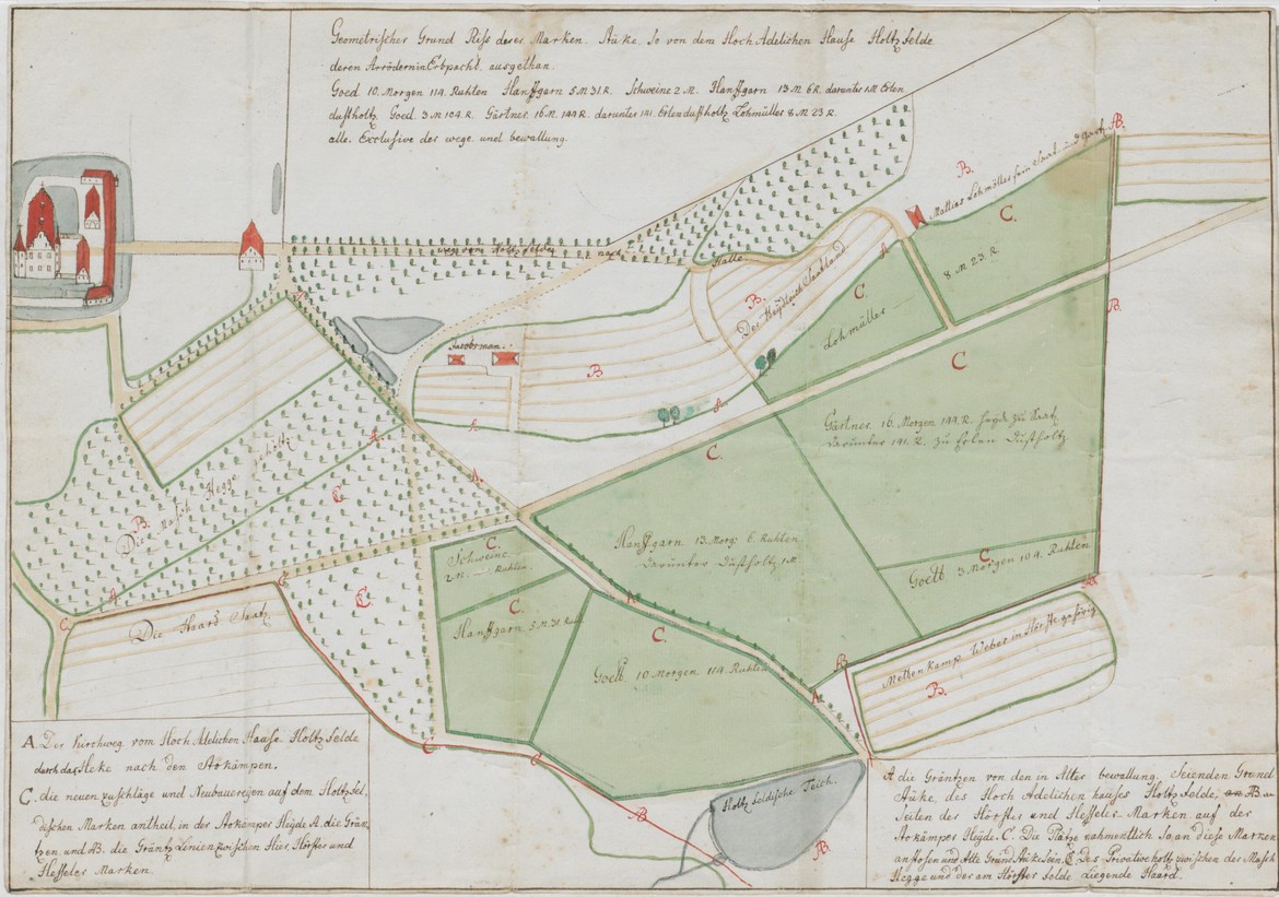 LAV NRW W, W 015, Karten A (Allgemein), Nr. 7947: Umfeld des Rittergutes Holtfeld bei Borgholzhausen von Johann Hermann Siekendiek, 1790er-Jahre.