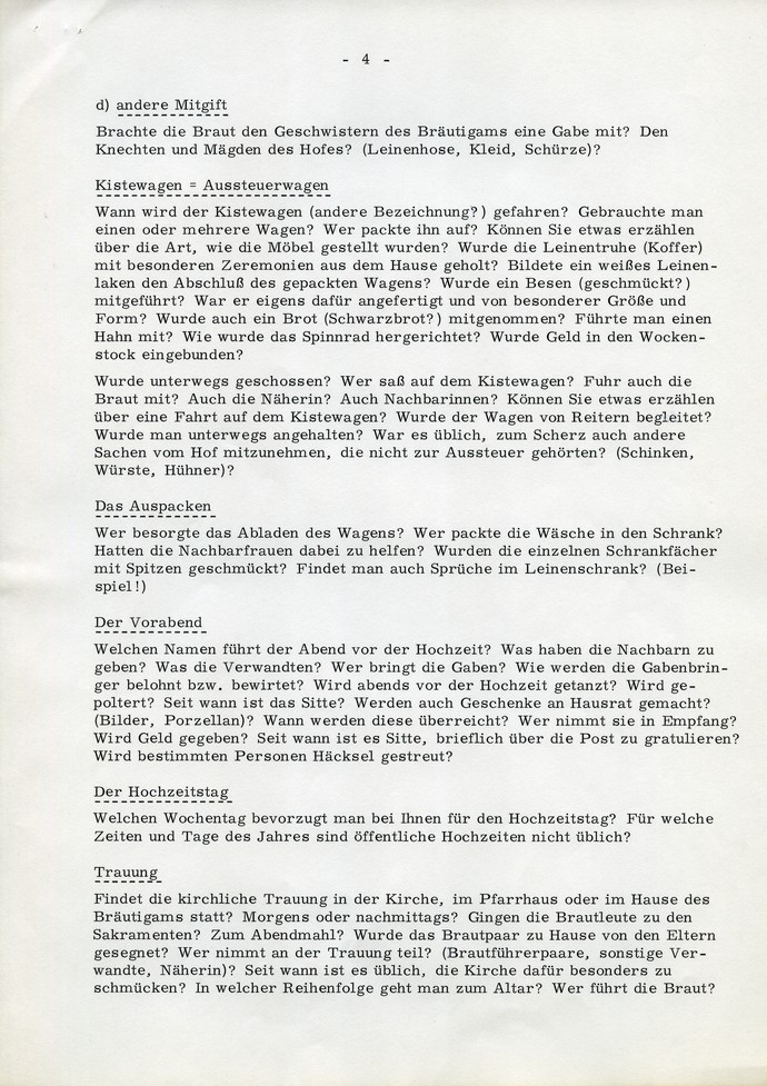 Blatt 4 der Frageliste 8 "Verlobung und Hochzeit". Archiv für Alltagskultur.