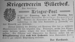 Anzeige des Kriegervereins Billerbeck in der Lokalzeitung „Billerbecker Anzeiger“ vom 01.06.1912. Foto: Privatarchiv Billerbecker Anzeiger. (vergrößerte Bildansicht wird geöffnet)
