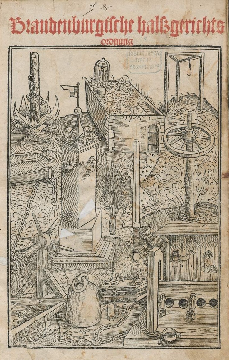 Galgen und weitere Hinrichtungsinstrumente auf dem Titelblatt der Brandenburgischen  Halsgerichtsordnung von 1516.