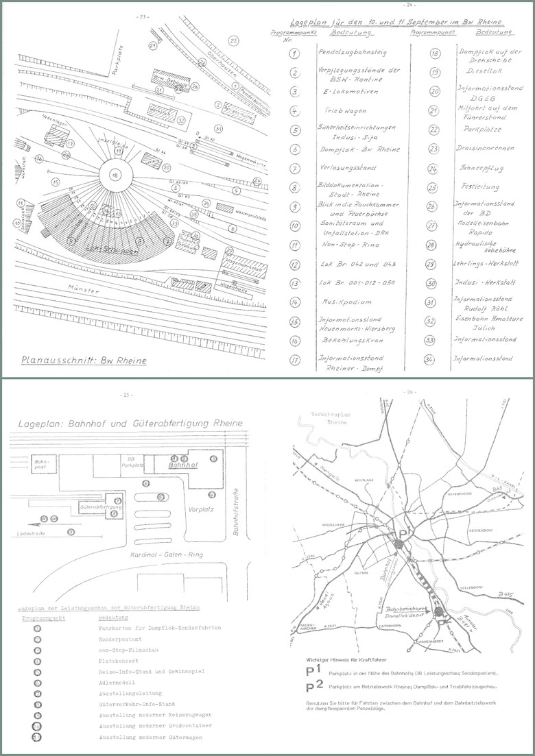 Übersichtskarten mit den eingezeichneten Programmpunkten aus der Festschrift Die Bahn in Rheine