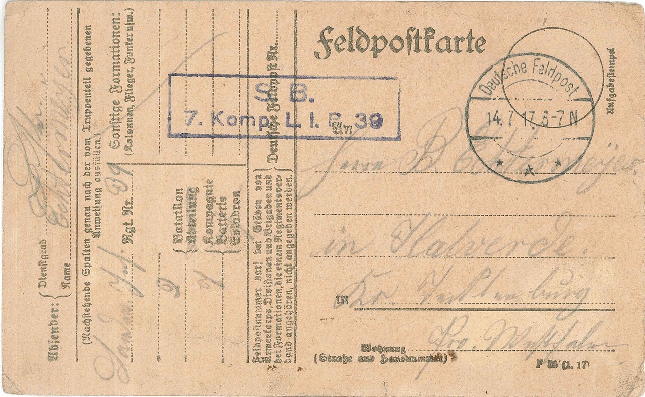 Feldpostkarte Heinrich Echtermeyers vom 12. Juli 1917 (Nachlass Echtermeyer, Familienbesitz).