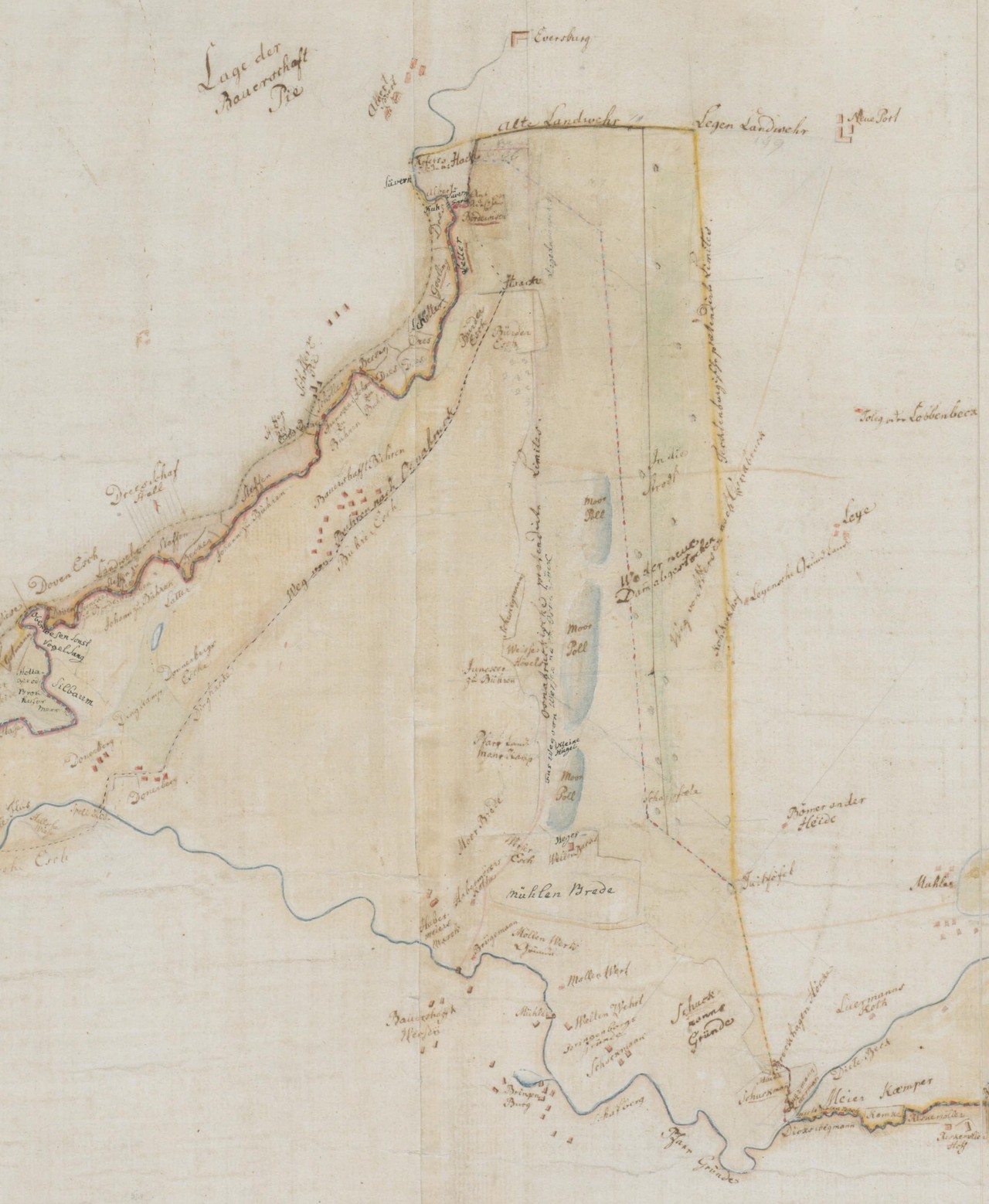Diese Karte des Grenzgebietes zwischen dem tecklenburgischen Wersen und dem Hochstift Osnabrück aus dem Jahr 1778 zeigt unter anderem das Moor, „wo der neue Dam[m] abgestochen“ wurde, der im Zentrum der Debatte über die Erhebung des Zolles stand, Foto: LAV NRW W, W 051/Karten A (Allgemein), Nr. 267.