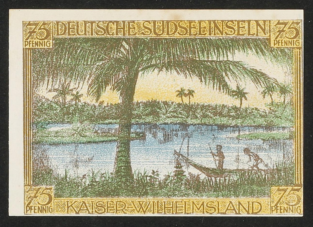 "Kaiser-Wilhelmsland", wie der nordöstliche Teil von Neuguinea von den deutschen Kolonisatoren genannt wurde, wird auf diesem Serienschein als Idylle mit üppiger Fauna dargestellt. (Foto: Kommission Alltagskulturforschung)