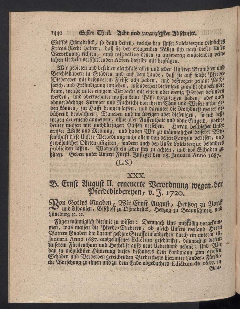 B. Ernst August I. Verordnung wegen der Pferdediebereyen, v. J. 1687.