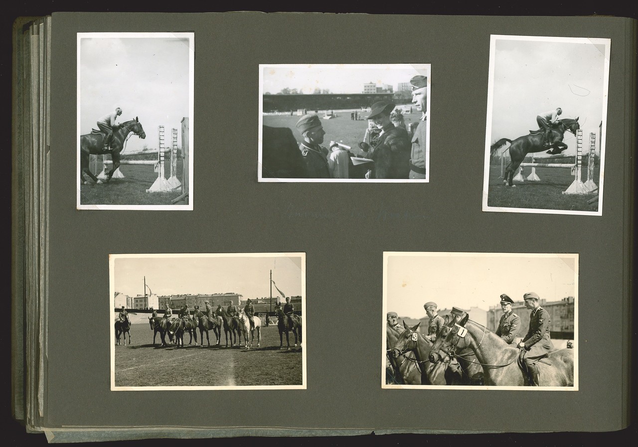 Oben rechts und links: Adolf B. beim Springtraining. Oben in der Mitte: Adolfs Ehefrau Gertrud als Zuschauerin beim Turnier in Krakau. Unten: SS-Angehörige und Adolf B. beim Turnier in Krakau. 1940. Sammlung BF 12c, S. 36.