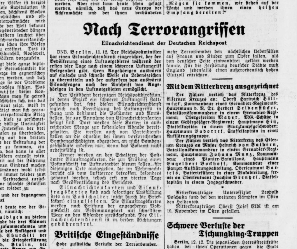 Zeitungsmeldung „Nach Terrorangriffen. Eilnachrichtendienst der Deutschen Reichspost“, in: Westfälische Zeitung. Bielefelder Tageblatt, 13.12.1943.