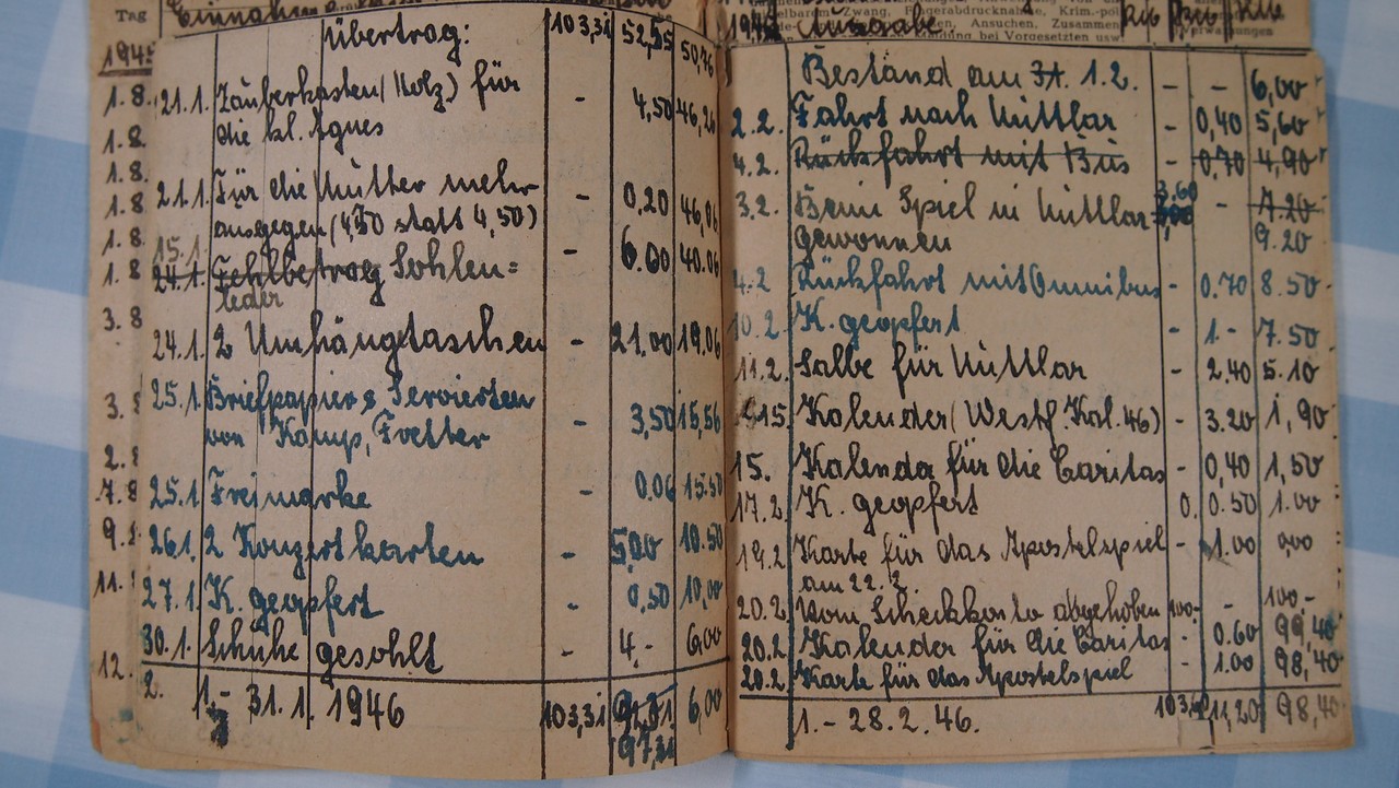 Ursula Henze hat auch kleinere und kleinste Ausgaben akribisch in ein Oktavheft eingetragen, das ihr als 1945 Haushaltungsbuch diente. (Alltagskulturarchiv, Sign. K03141, Foto: Cantauw)