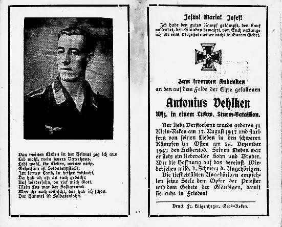Totenzettel von Antonius Vehlken, Heimatarchiv Reken.