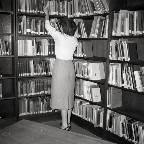 Eine Mitarbeiterin in der Bibliothek der Volkskundlichen Kommission, 1955. Archiv für Alltagskultur in Westfalen.