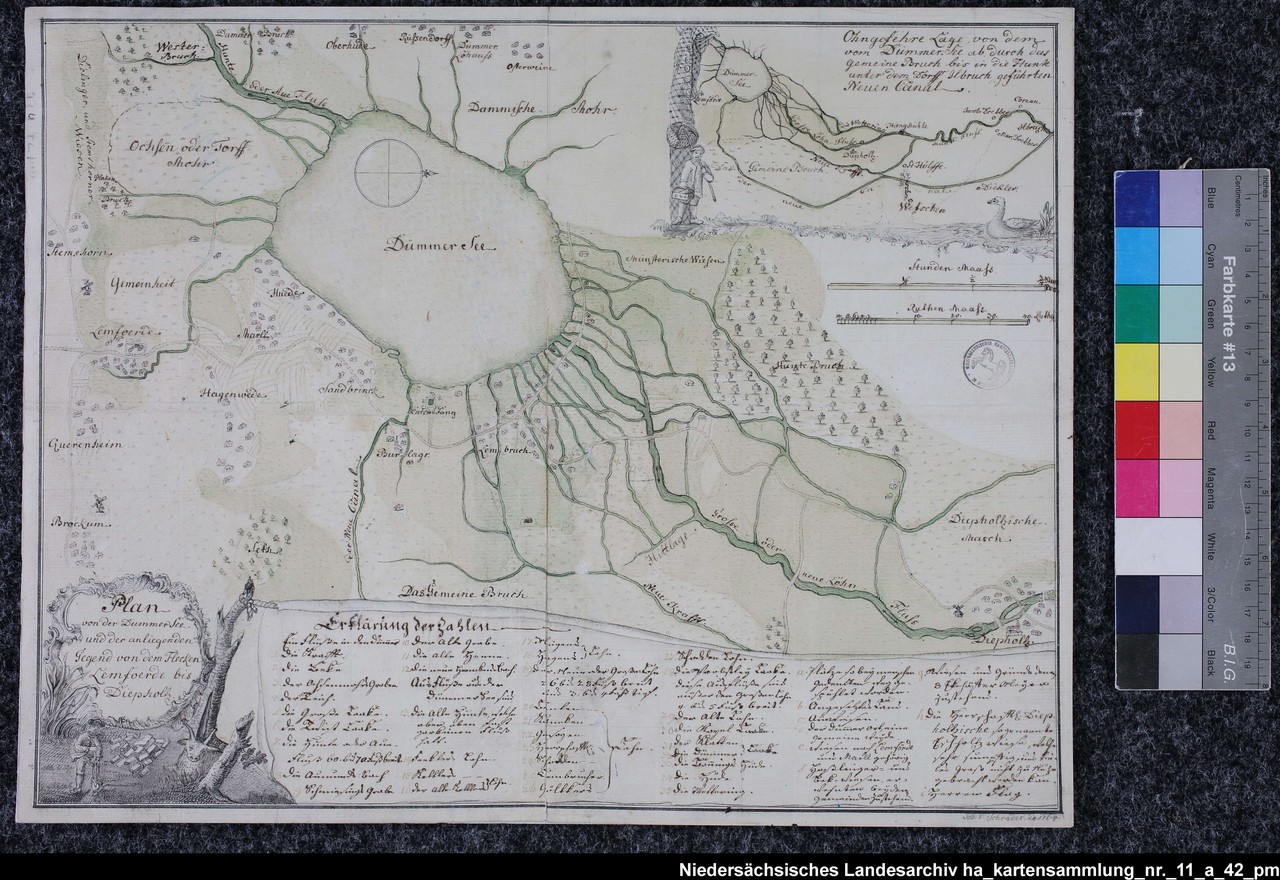 Ansicht des Dümmer Sees sowie der Ortschaften Lemförde und Diepholz, 1764. NLA HA Kartensammlung Nr. 11a/42 pm; https://www.arcinsys.niedersachsen.de/arcinsys/digitalisatViewer.action?detailid=v4514145&selectId=12702067