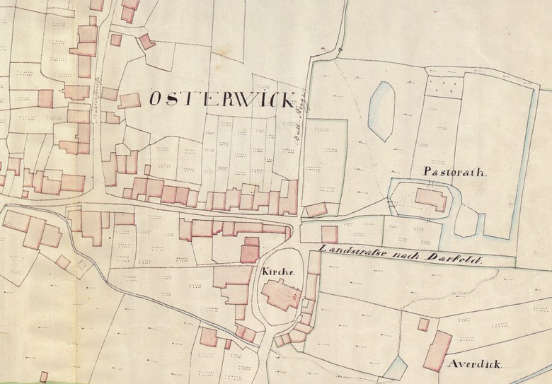 Urkatasterplan des Dorfes Osterwick von 1829 mit dem umgräfteten Pfarrhof.