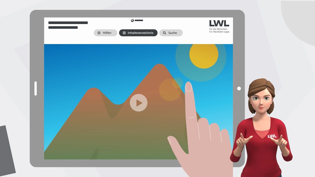 Alle LWL-Internetauftritte werden nach und nach inklusiv umgestaltet, ein Avatar dolmetscht in Gebärdensprache. Screenshot: LWL.