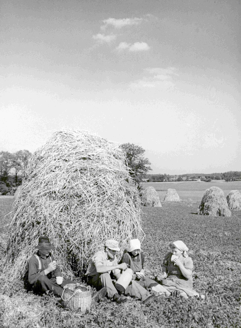 Das Butterbrot wird auf dem Feld vor einem Heuhaufen gegessen.