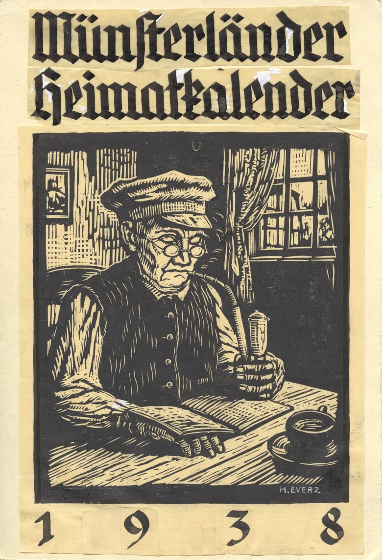 Druckvorlage für das Titelbild des Münsterländer Heimatkalenders 1938, Holzschnitt von Heinrich Everz (Volkskundliche Kommission, LWL).