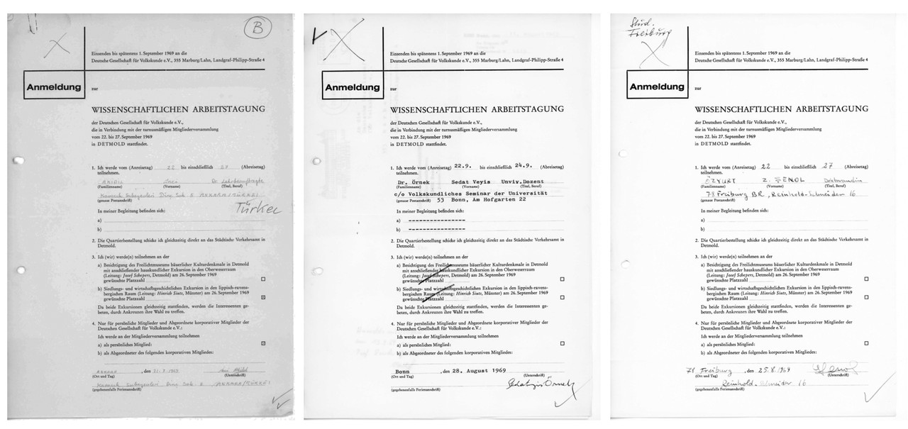 Institut für Kulturanthropologie und Europäische Ethnologie, Universität Freiburg i. Br., DGV-Archiv, Ordner DGV-Arbeitstagung Detmold 1969 III Anmeldungen, Anmeldungen zur Arbeitstagung von Sedat Veyis Örnek (28. August 1969), İnci Akidil (31. Juli 1969), and Z. Şenol Özyurt (25. August 1969).