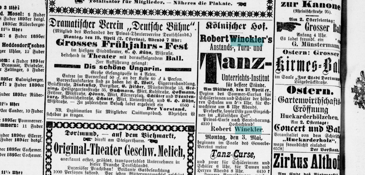 Annonce der Winckler´schen Tanzschule, Dortmunder Zeitung 108 (18.04.1897).