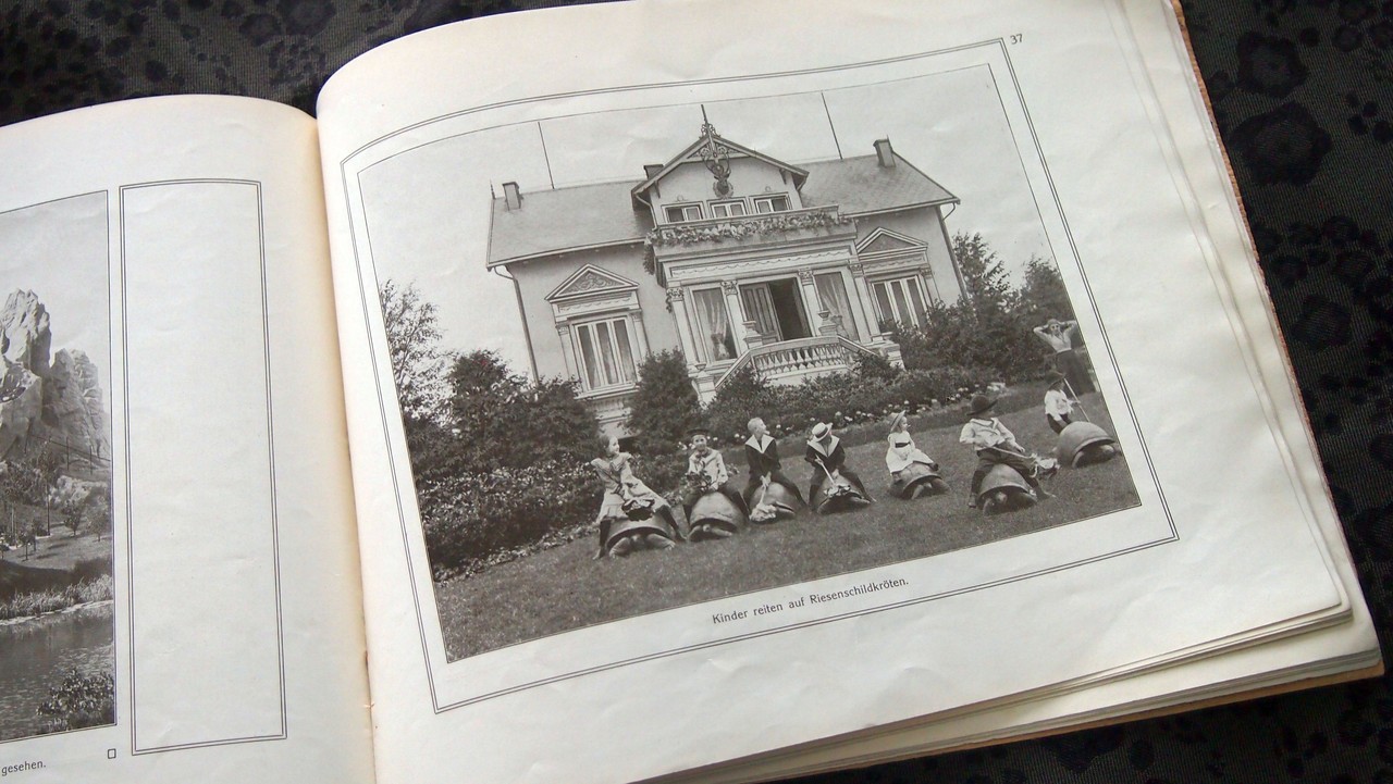 „Kinder reiten auf Riesenschildkröten“. Im Hintergrund steht eine Frau, deren Gesicht nachbearbeitet wurde. Auch das Haus im Hintergrund wirkt retuschiert.
