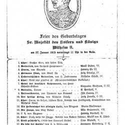 Zahlreiche Gedicht- und Musikbeiträge sowie jeweils eine Festrede prägten die schulöffentlichen Kaisergeburtstagsfeiern in Lünen. Programm der Kaisergeburtstagsfeier 1915, Progymnasium und Höhere Mädchenschule zu Lünen. Archiv für Alltagskultur, K 506. (vergrößerte Bildansicht wird geöffnet)