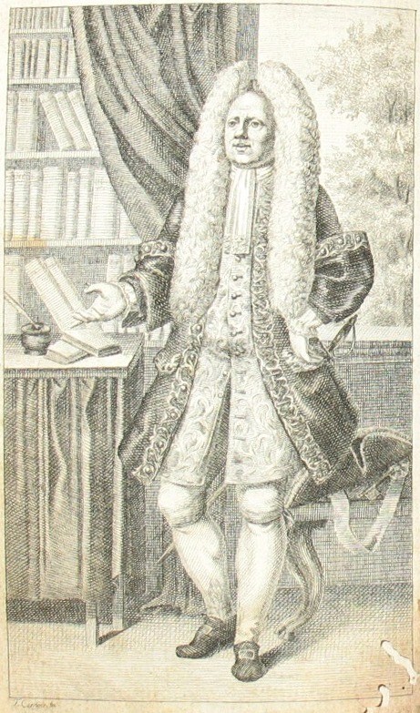 Jacob Paul von Gundling (1673–1731) – Porträt aus der Biografie „Leben und Thaten Jakob Paul Freiherrn von Gundling. Königl. Preußischen Geheimen Krieges-Kammer-Ober-Appellations- und Kammergerichts-Raths, wie auch Zeremonienmeisters und Präsidenten bei der königl. Societät der Wissenschaften etc. eines höchst seltsamen und abenteuerlichen Mannes“, Berlin 1795.