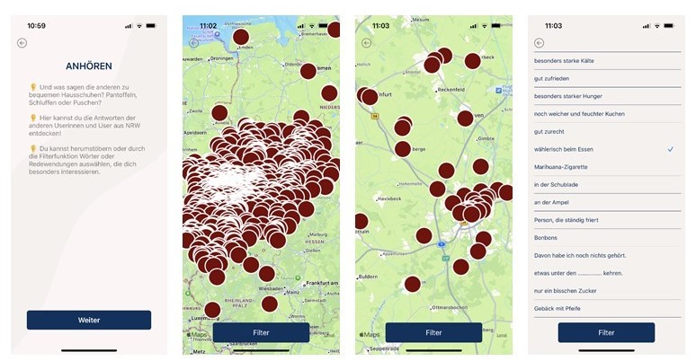 Screenshots der PALAVA-App: Die Funktion „Anhören“, Sprachkarte NRW, Sprachkarte Raum Münster, Filter-Funktion