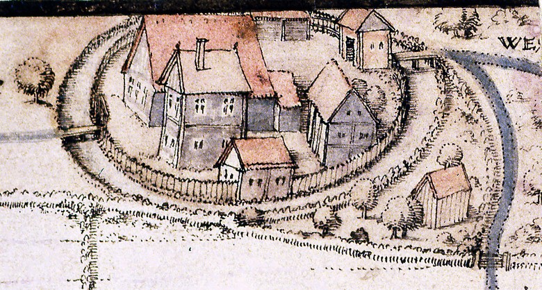 Der untergegangene Gräftenhof Gerkendorp in Ascheberg, um 1560 (LAV NRW, Abt. Münster, Kartensammlung).