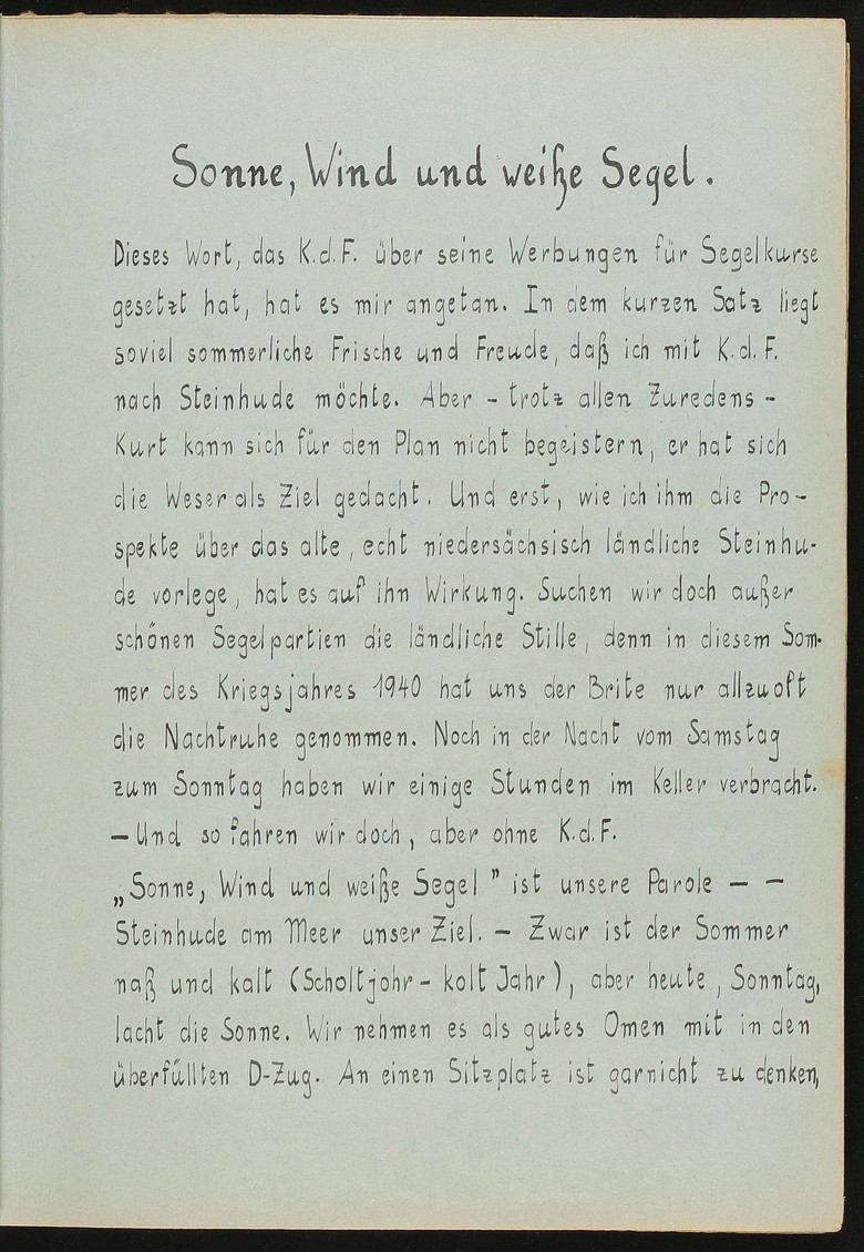 Erste Textseite des Reiseberichts zum Steinhuder Meer.