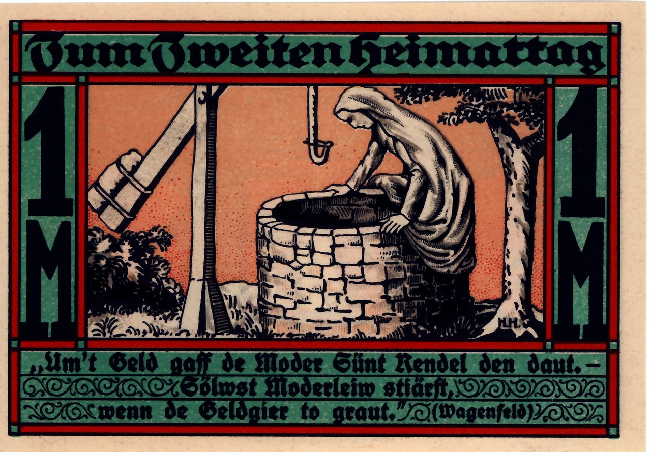 Der Erinnerungsschein zu 1 Mark mit der Brunnenszene aus der Reinhildis-Legende.