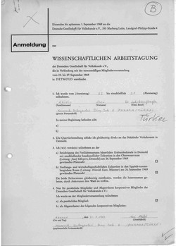 Institut für Kulturanthropologie und Europäische Ethnologie, Universität Freiburg i. Br., DGV-Archiv, Ordner DGV-Arbeitstagung Detmold 1969 III Anmeldungen, Anmeldung zur Arbeitstagung von İnci Akidil (31. Juli 1969). (vergrößerte Bildansicht wird geöffnet)