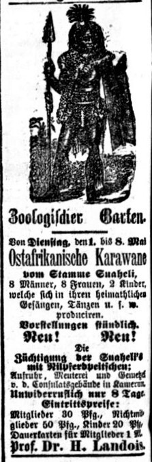 Werbeanzeige für eine „Ostafrikanische Karawane“, Münsterischer Anzeiger, 02.05.1894. Online abrufbar über das Zeitungsportal NRW (www.zeitpunkt.nrw).