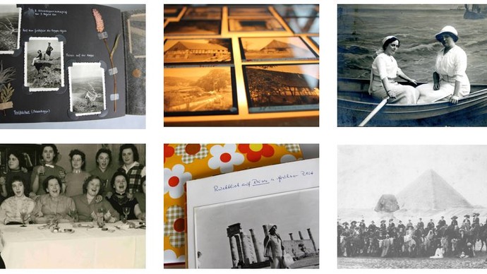 Sechs Bildquellen, darunter zwei Fotoalben, drei Fotos aus dem Archiv und ein Bild mehrerer Dias. Archiv für Alltagskultur.