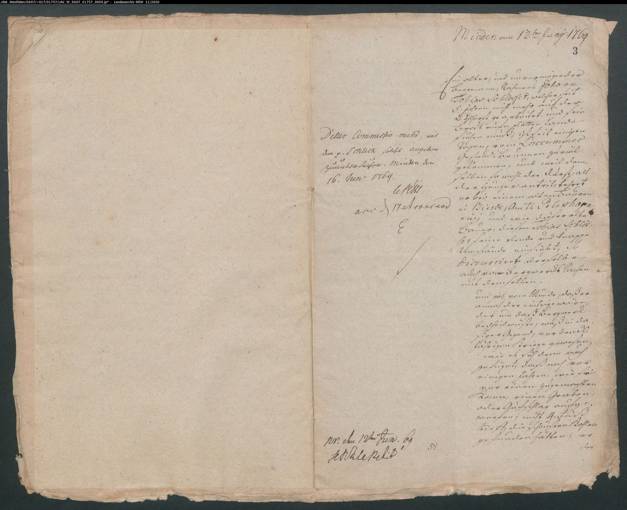 Bericht über die angebliche Entdeckung von Steinkohle in Bierde, Juni 1769 (LAV NRW W, D 607, Nr. 1757, fol. 3r)