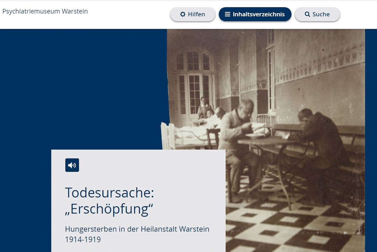 Startseite der Online-Ausstellung „Todesursache: Erschöpfung“. Das seltene Alltagsfoto zeigt Patienten bei der Nahrungsaufnahme in den 1920er Jahren. Foto: LWL/Emil Schoppmann