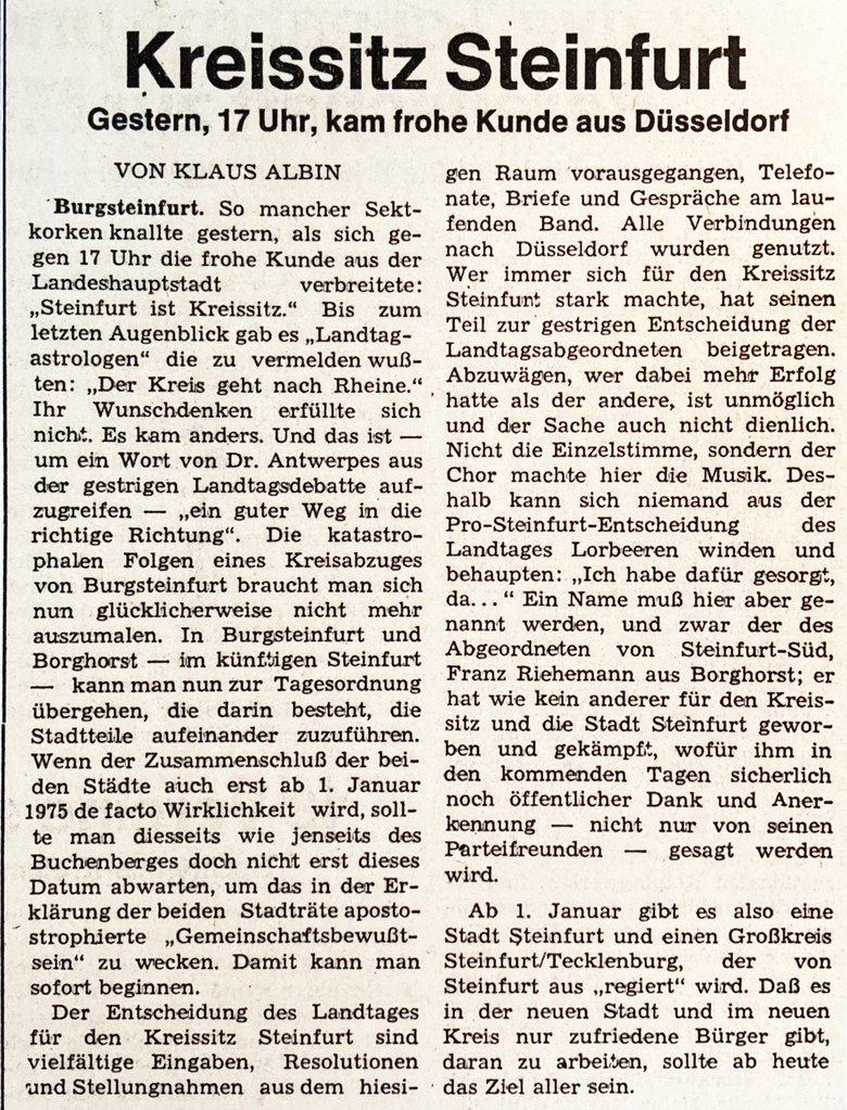 Ausschnitt aus der 'Münsterischen Zeitung' vom 9. Mai 1974.