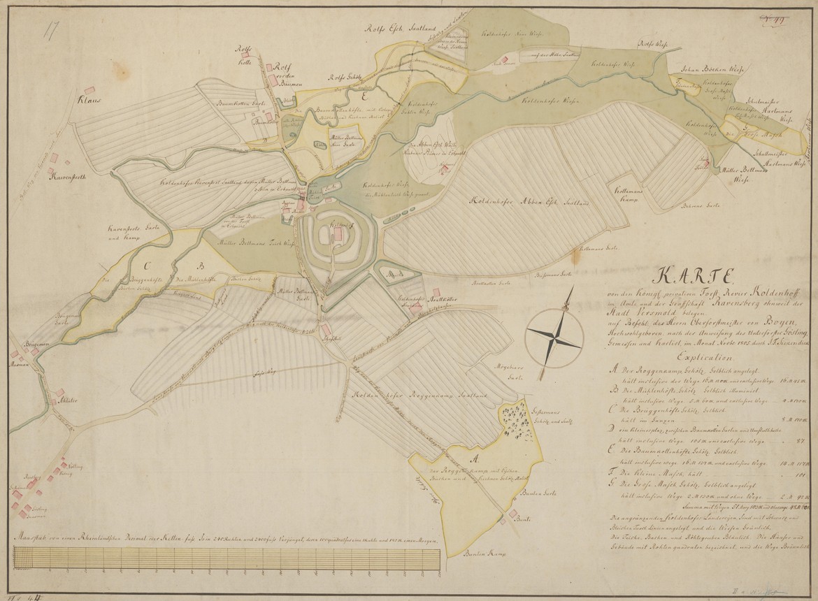 LAV NRW W, W 015, Karten A (Allgemein), Nr. 19889: Karte der preußischen Domäne Caldenhof von Johann Friedrich Siekendiek, dem Sohn Johann Hermanns, 1805.
