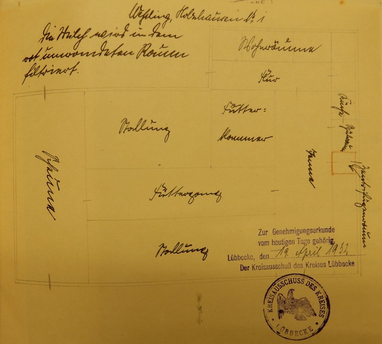 Zeichnung der Hofstätte Wessling mit Ansicht des Zentrifugenraumes, Stadtarchiv Lübbecke, Stadt Preußisch Oldendorf, B 862.