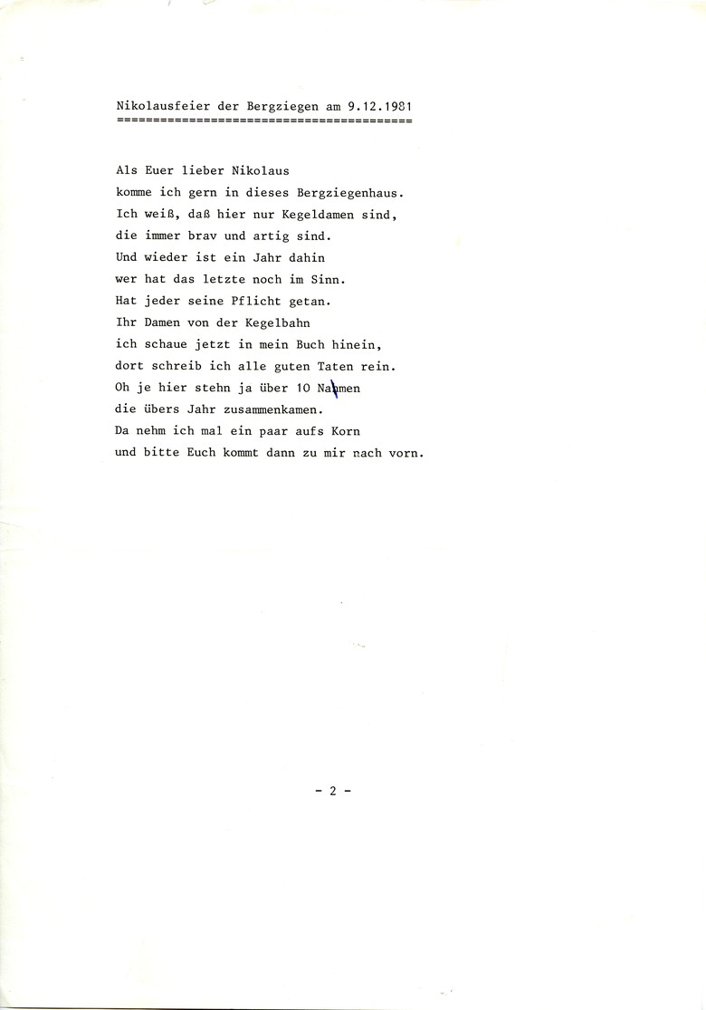 Gelegenheitsdichtung für die Nikolausfeier der „Bergziegen“, aus: Konvolut Mietze, Archiv für Alltagskultur, K 2032.