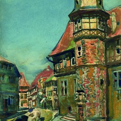 Höxter: Weserstraße mit Rathaus. Aquarell und Kreide auf Papier (1923). Quelle: Stichting Vrienden van de Schilder Martin Monnickendam. (vergrößerte Bildansicht wird geöffnet)