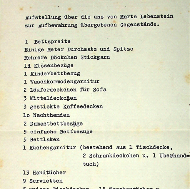 Diese Sachen hatte Marta einer Nachbarsfamilie vor dem 15.10.1941 übergeben, um sie vor dem Zugriff der NS-Reichsverwaltung und damit vor einer "Versteigerung" zu retten (Heimatarchiv Reken).