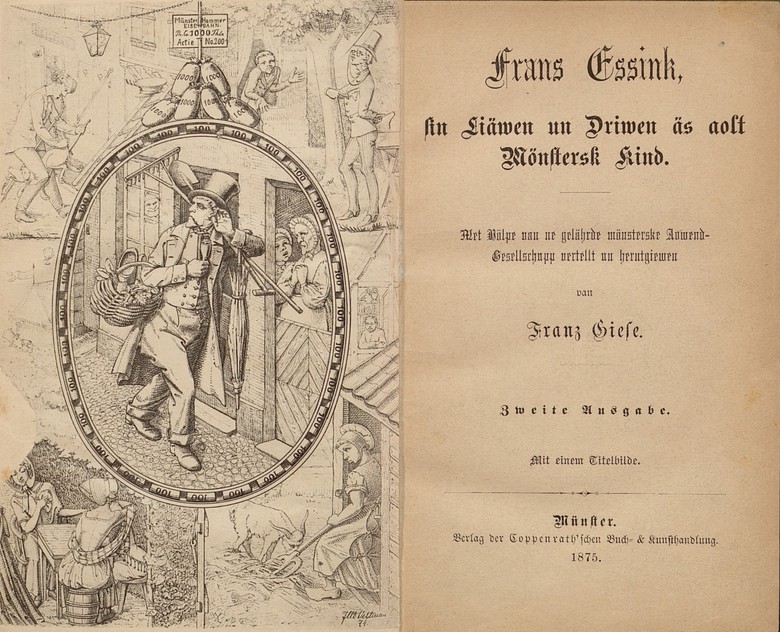 Soweit bisher bekannt wird der Name Töttken für das bekannte münsterische Gericht erstmals im niederdeutschen Roman „Frans Essink“ genannt. Hier der Titel der 2. Auflage aus dem Jahr 1875. (Foto: Spannhoff)